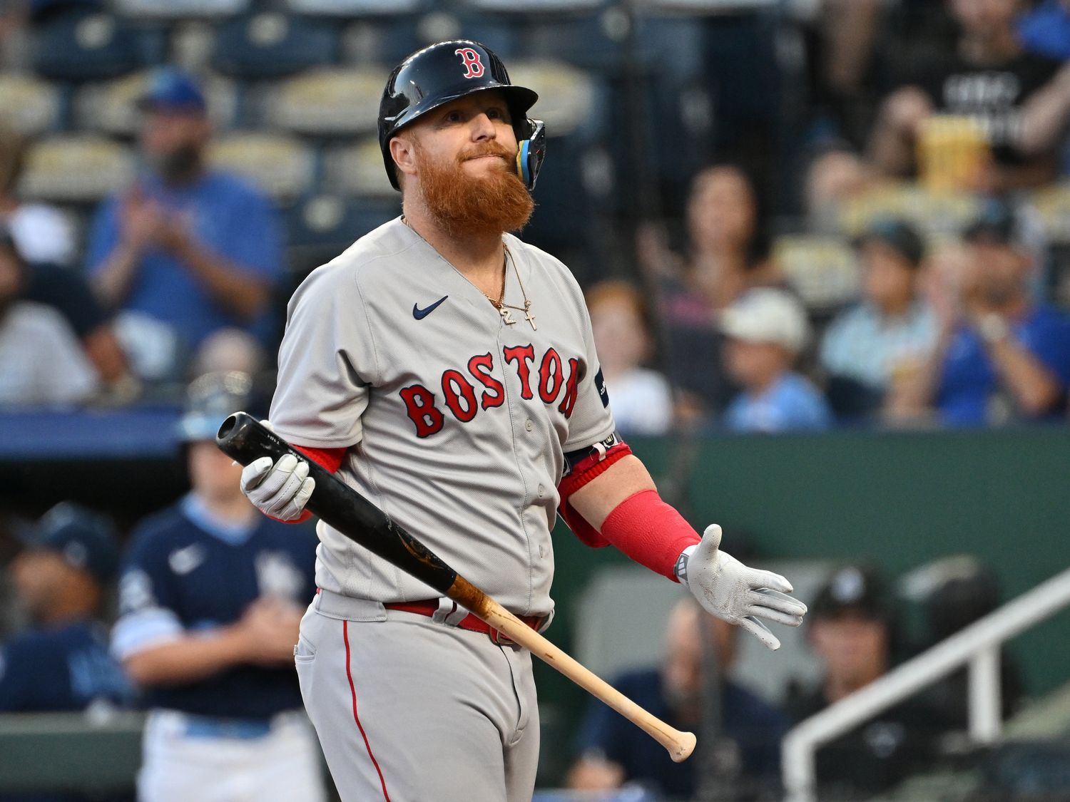 Sep 1, 2023; Kansas City, Missouri, USA; Boston Red Sox designated hitter Justin Turner (2) reacts after striking out in the first inning against the Kansas City Royals at Kauffman Stadium. Mandatory Credit: Peter Aiken-USA TODAY Sports